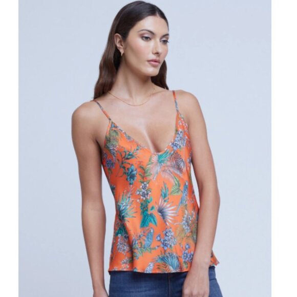 L’AGENCE 'Lexi' Sleeveless Satin Camisole Tank Top Orange Multi Parrot